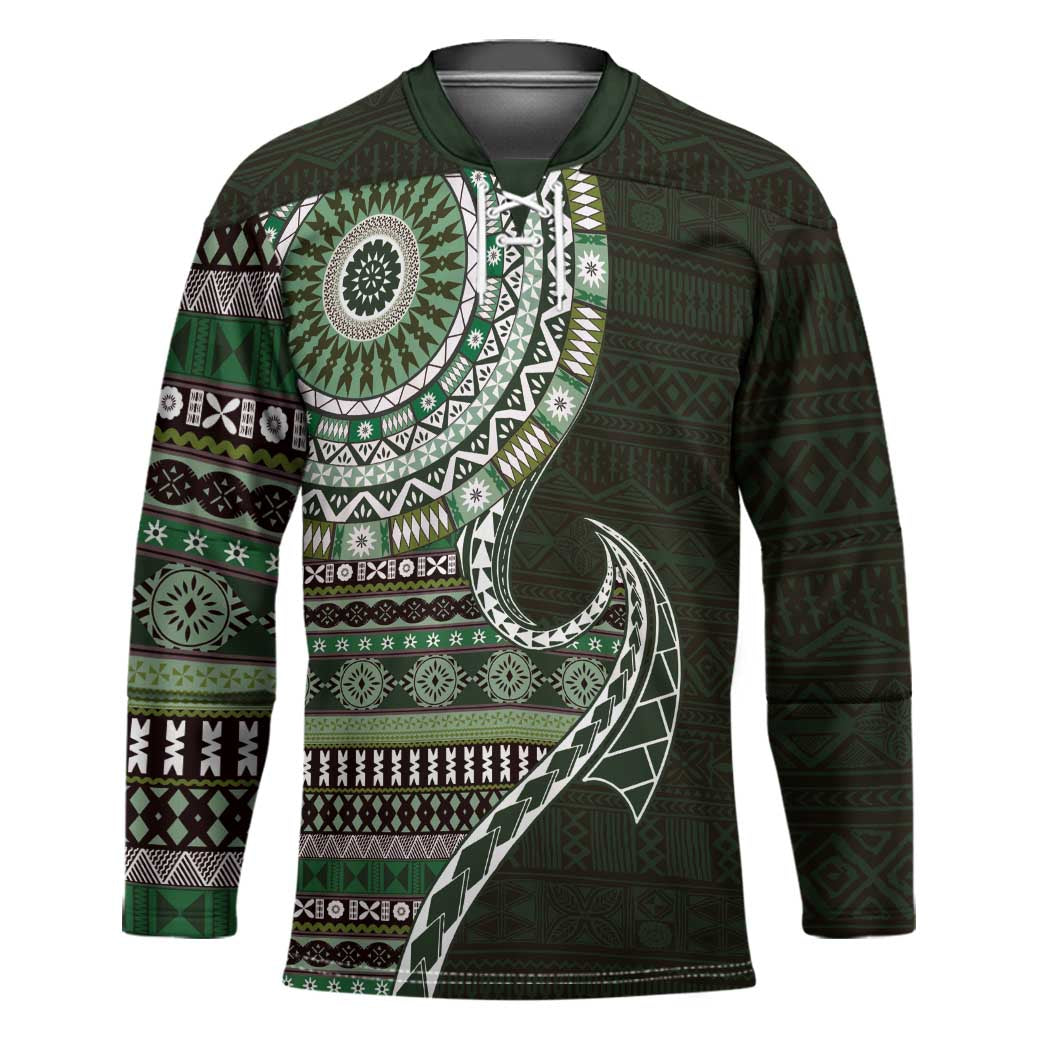 Fijian Masi Tribal Tattoos Art Pattern Hockey Jersey Green Color Half Style LT03 Unisex Green - Polynesian Pride