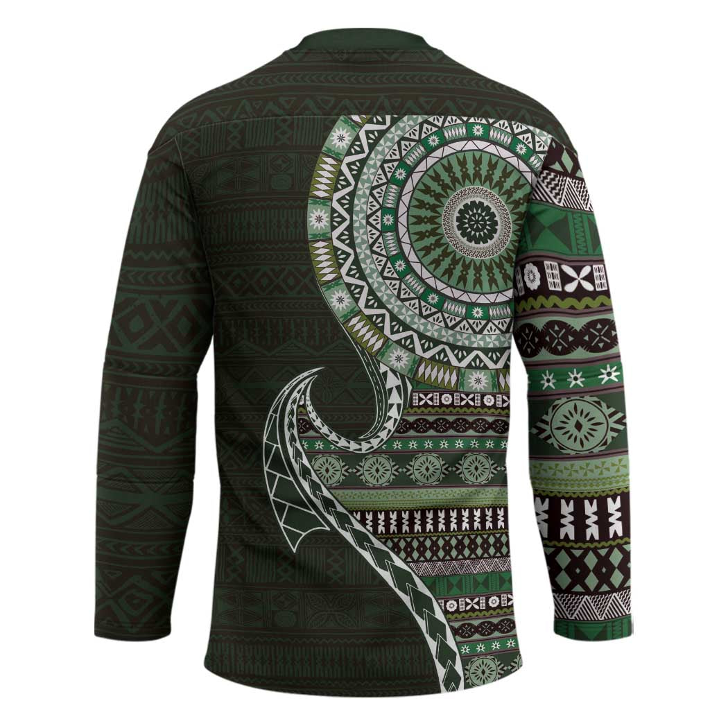 Fijian Masi Tribal Tattoos Art Pattern Hockey Jersey Green Color Half Style LT03 - Polynesian Pride