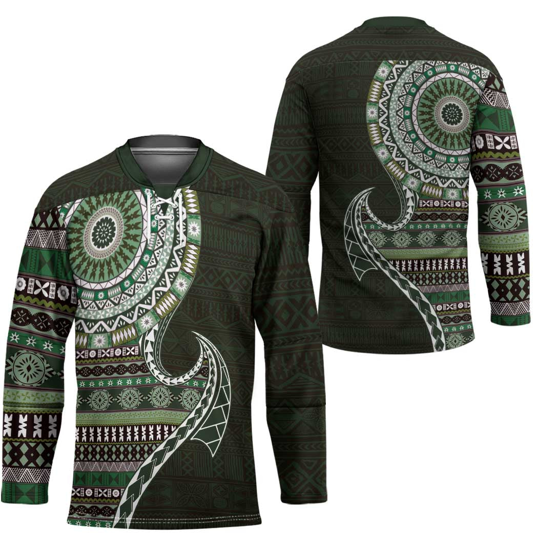 Fijian Masi Tribal Tattoos Art Pattern Hockey Jersey Green Color Half Style LT03 - Polynesian Pride