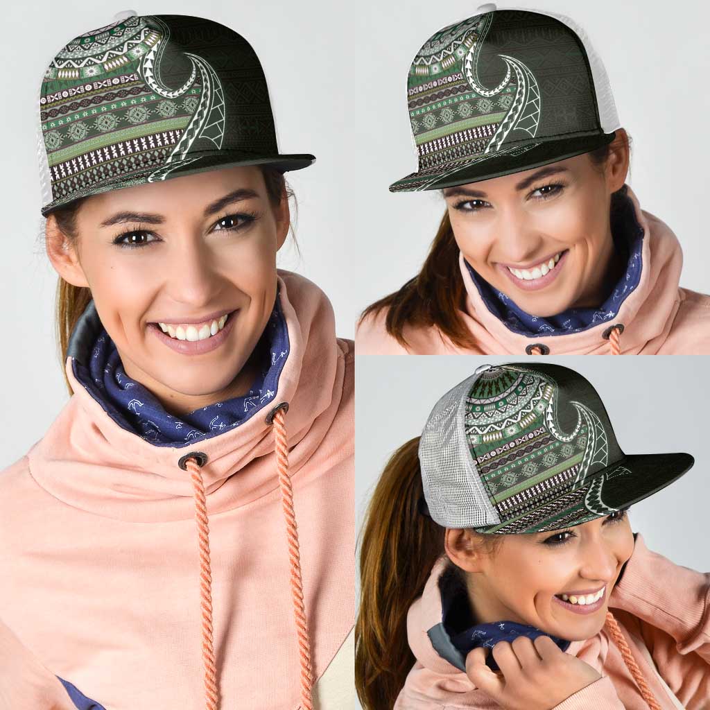 Fijian Masi Tribal Tattoos Art Pattern Mesh Trucker Cap Green Color Half Style - Polynesian Pride