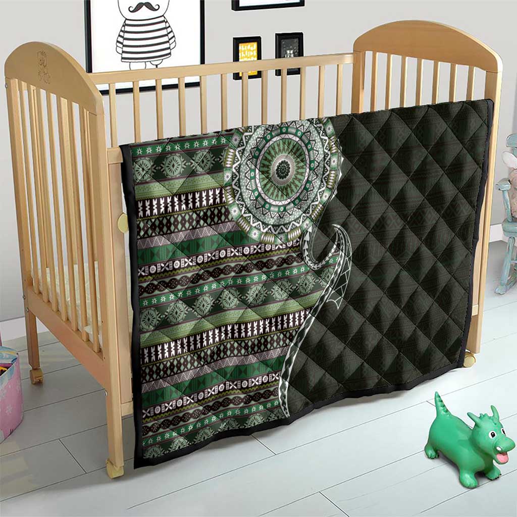 Fijian Masi Tribal Tattoos Art Pattern Quilt Green Color Half Style - Polynesian Pride