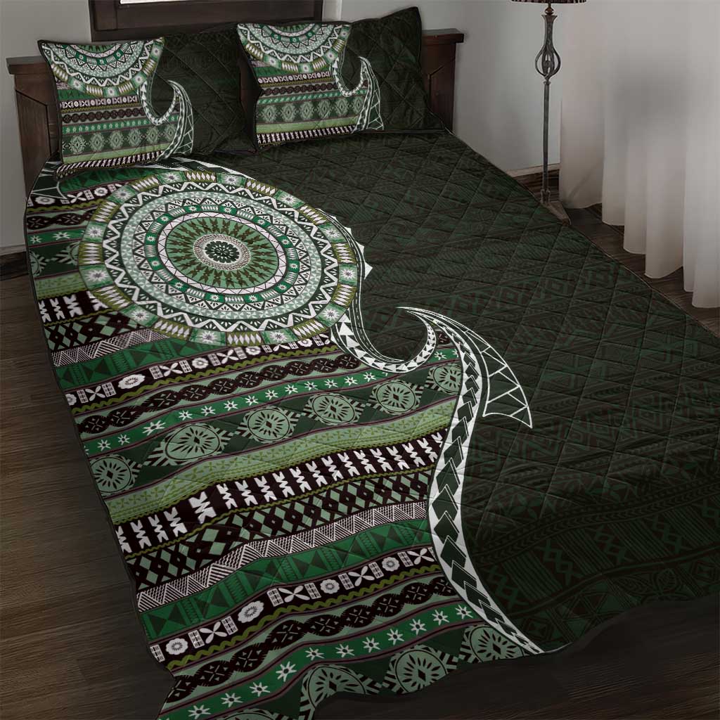 Fijian Masi Tribal Tattoos Art Pattern Quilt Bed Set Green Color Half Style - Polynesian Pride
