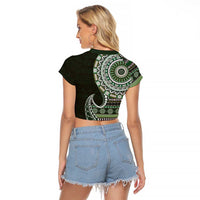 Fijian Masi Tribal Tattoos Art Pattern Raglan Cropped T Shirt Green Color Half Style - Polynesian Pride