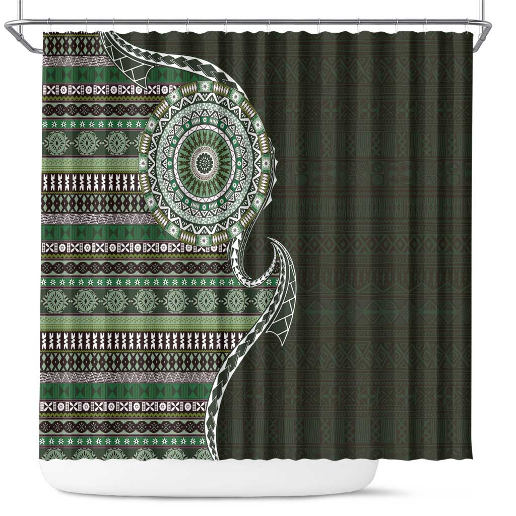 Fijian Masi Tribal Tattoos Art Pattern Shower Curtain Green Color Half Style - Polynesian Pride