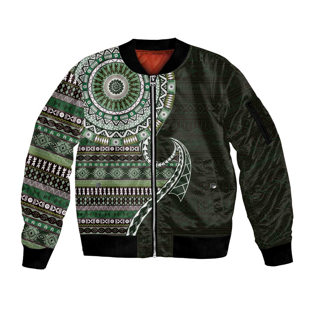 Fijian Masi Tribal Tattoos Art Pattern Sleeve Zip Bomber Jacket Green Color Half Style - Polynesian Pride