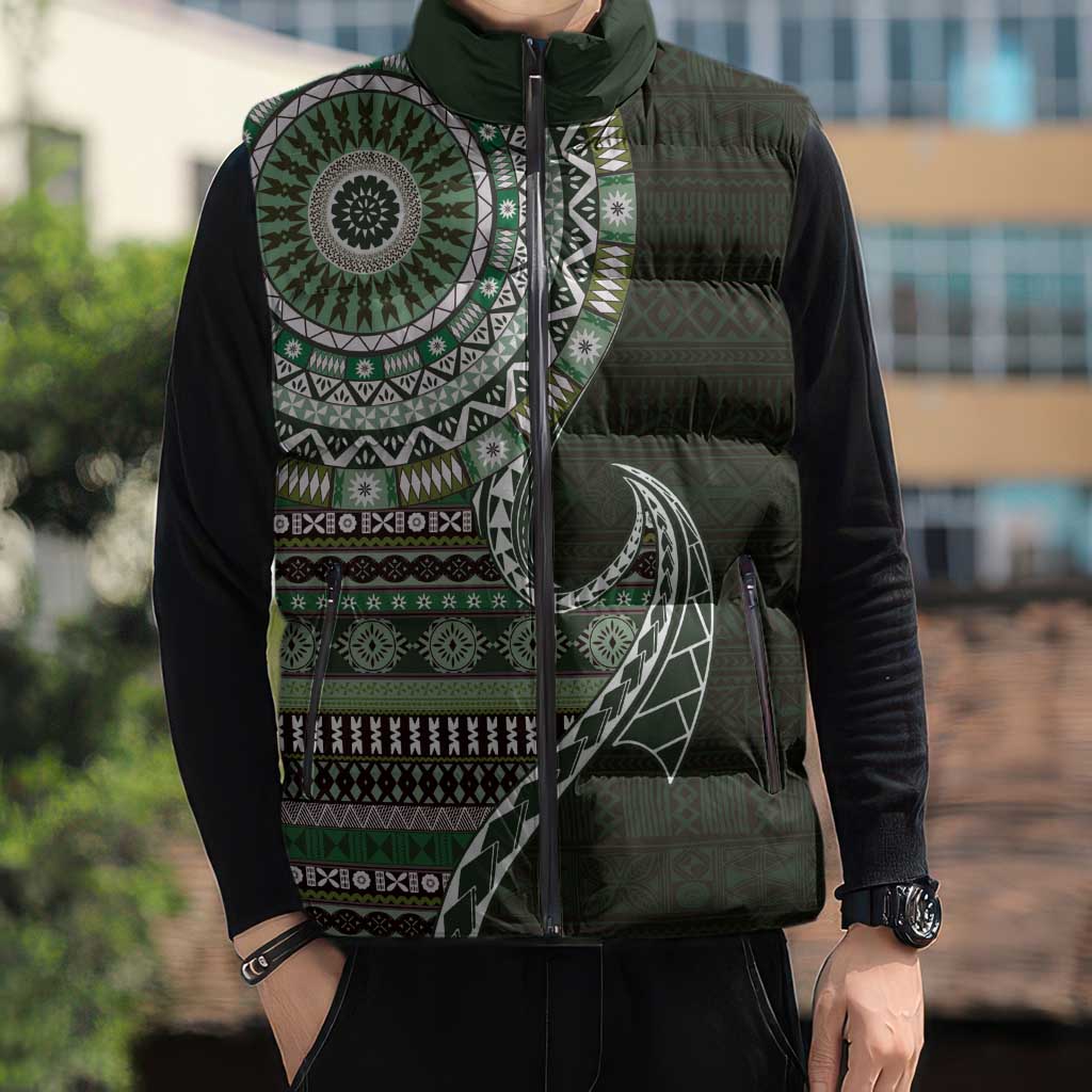 Fijian Masi Tribal Tattoos Art Pattern Sleeveless Puffer Jacket Green Color Half Style - Polynesian Pride