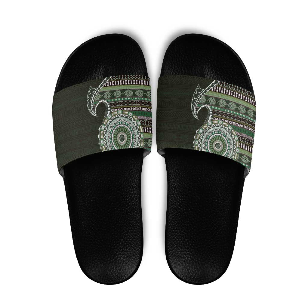 Fijian Masi Tribal Tattoos Art Pattern Slide Sandals Green Color Half Style - Polynesian Pride