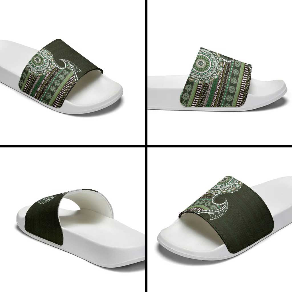 Fijian Masi Tribal Tattoos Art Pattern Slide Sandals Green Color Half Style - Polynesian Pride