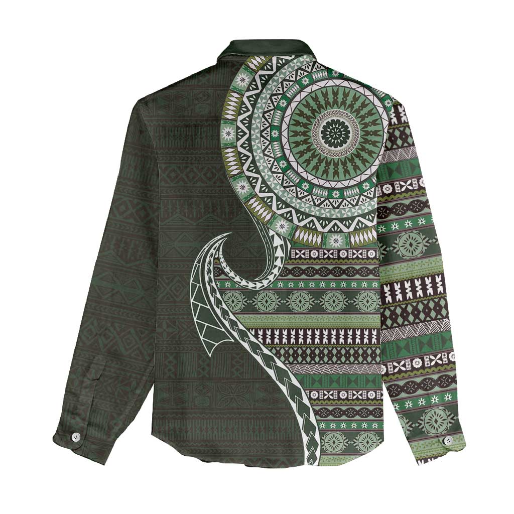 Fijian Masi Tribal Tattoos Art Pattern Women Casual Shirt Green Color Half Style - Polynesian Pride