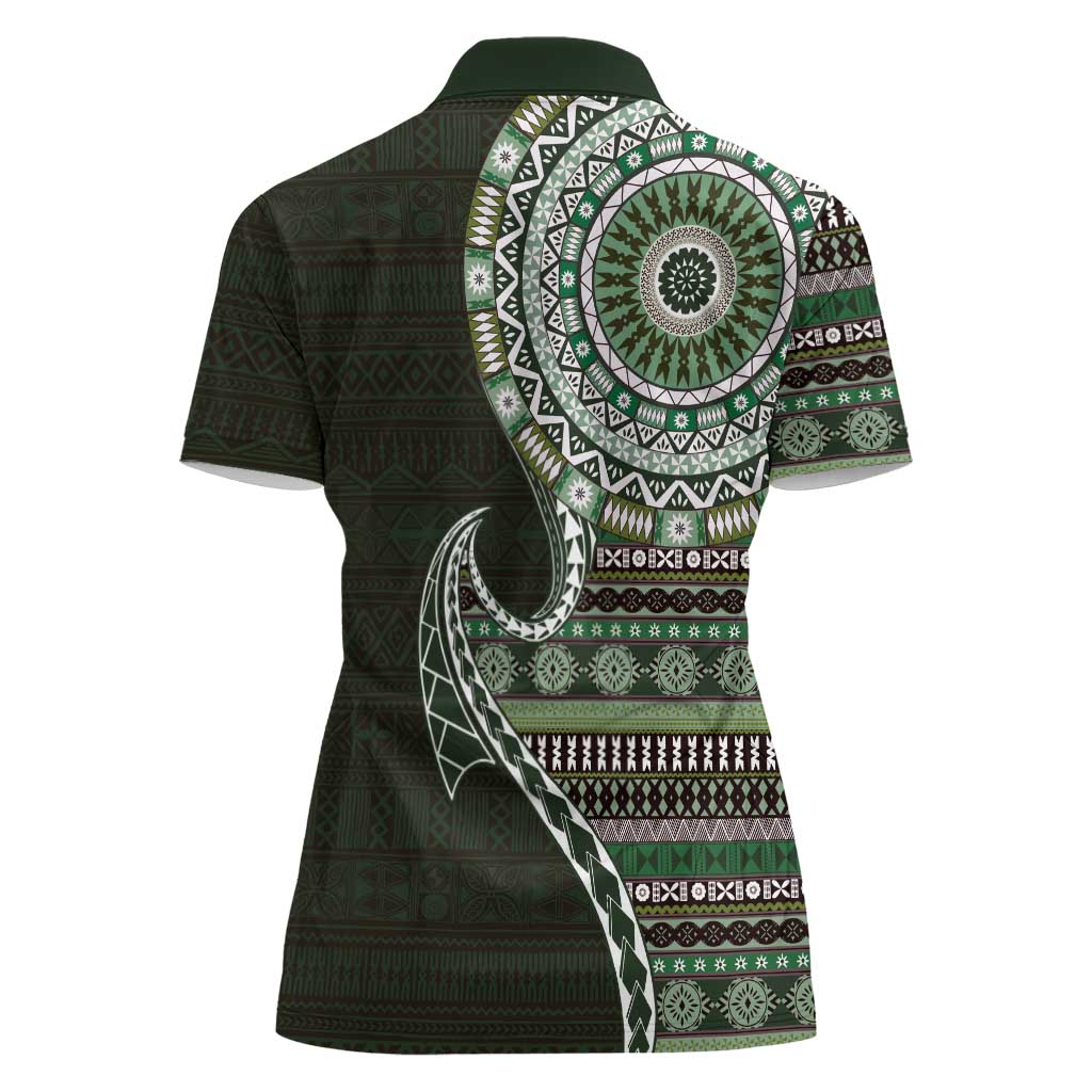 Fijian Masi Tribal Tattoos Art Pattern Women Polo Shirt Green Color Half Style - Polynesian Pride