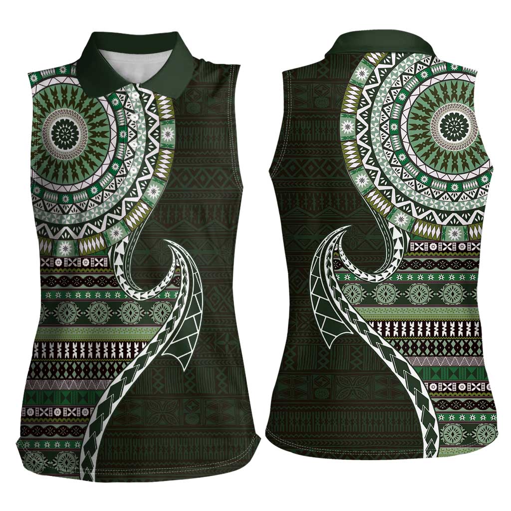 Fijian Masi Tribal Tattoos Art Pattern Women Sleeveless Polo Shirt Green Color Half Style - Polynesian Pride