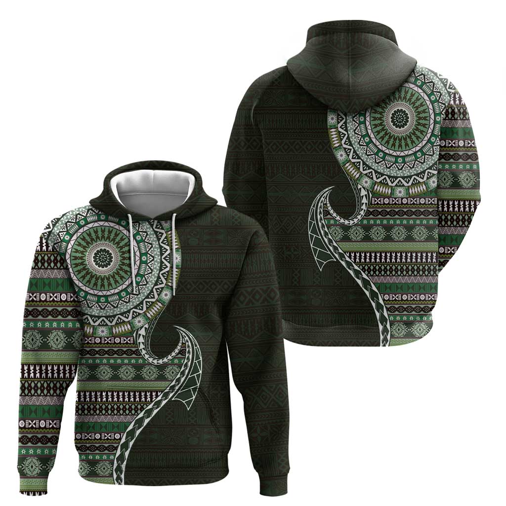 Fijian Masi Tribal Tattoos Art Pattern Zip Hoodie Green Color Half Style - Polynesian Pride