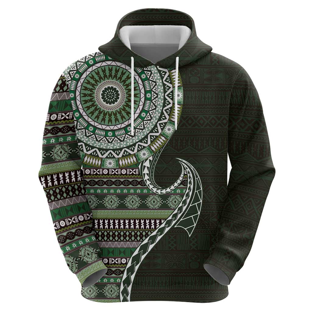 Fijian Masi Tribal Tattoos Art Pattern Zip Hoodie Green Color Half Style - Polynesian Pride