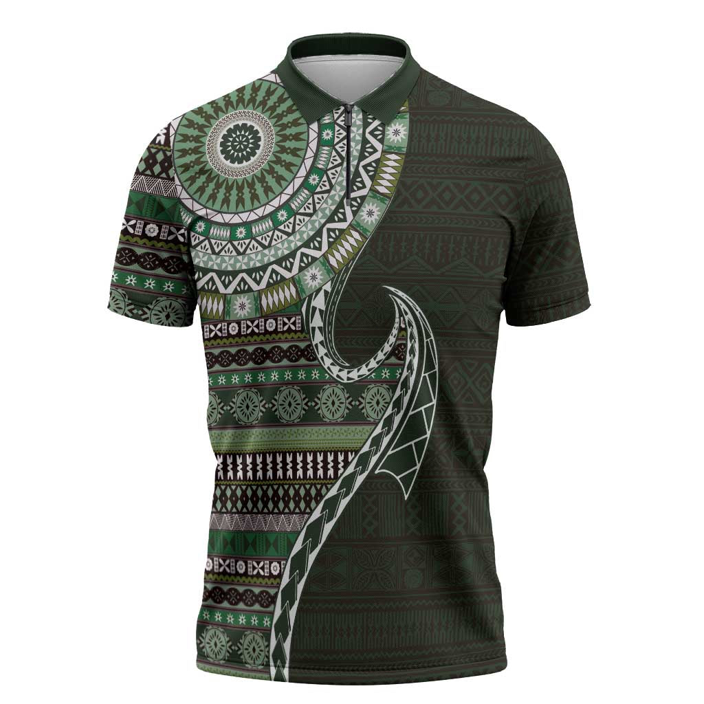 Fijian Masi Tribal Tattoos Art Pattern Zipper Polo Shirt Green Color Half Style - Polynesian Pride