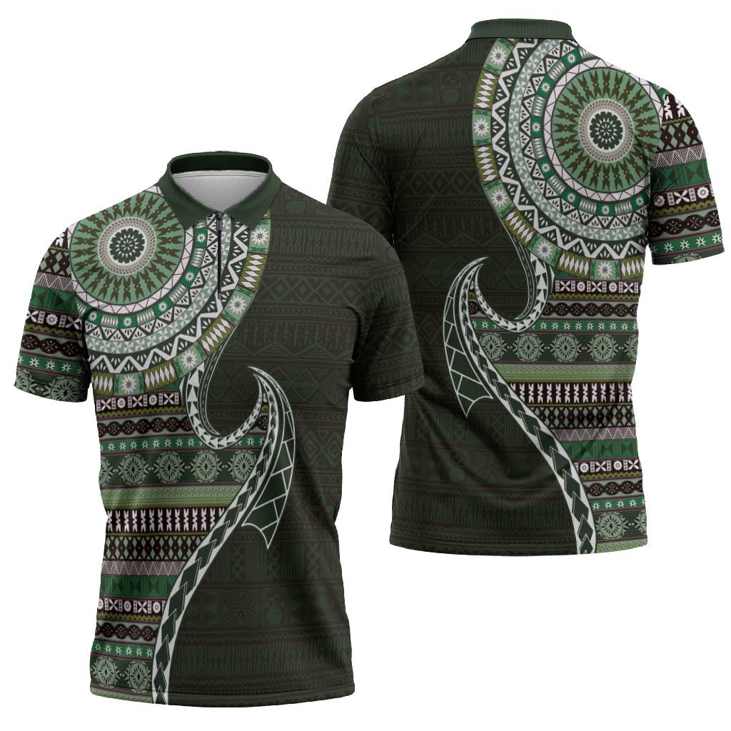 Fijian Masi Tribal Tattoos Art Pattern Zipper Polo Shirt Green Color Half Style - Polynesian Pride
