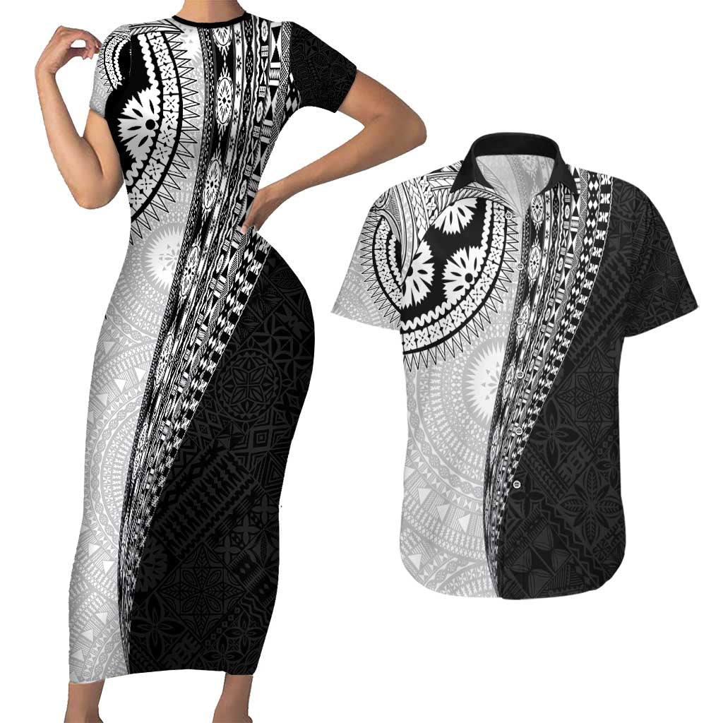 Fijian Masi Tattoos Couples Matching Short Sleeve Bodycon Dress and Hawaiian Shirt with Tapa Tribal Pattern - Polynesian Pride
