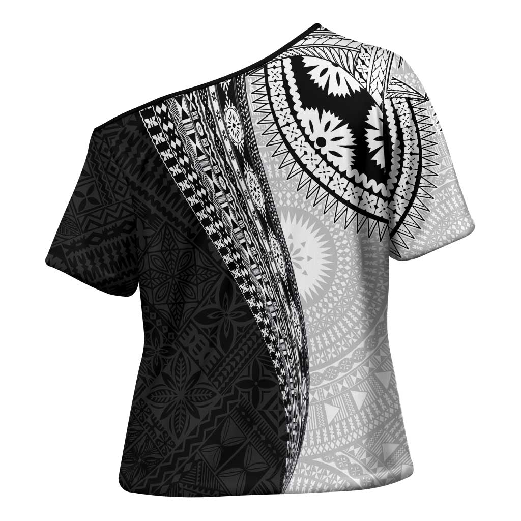 Fijian Masi Tattoos Cross Shoulder Shirt with Tapa Tribal Pattern - Polynesian Pride