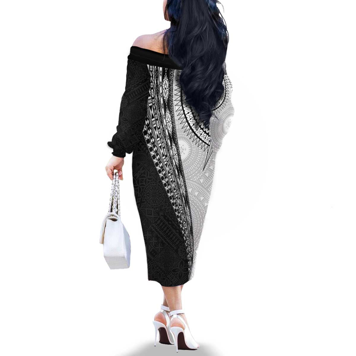Fijian Masi Tattoos Family Matching Off The Shoulder Long Sleeve Dress and Hawaiian Shirt with Tapa Tribal Pattern LT03 - Polynesian Pride