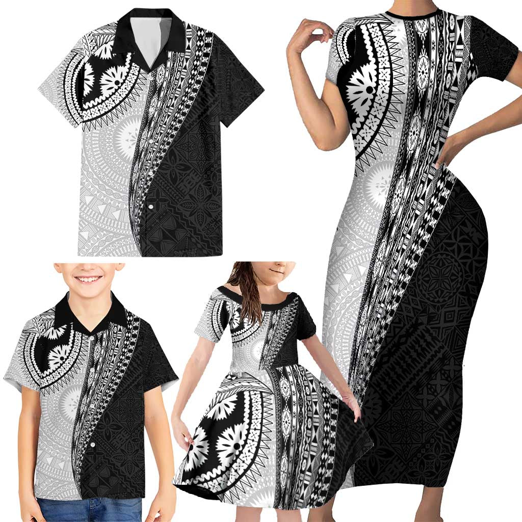 Fijian Masi Tattoos Family Matching Short Sleeve Bodycon Dress and Hawaiian Shirt with Tapa Tribal Pattern LT03 - Polynesian Pride