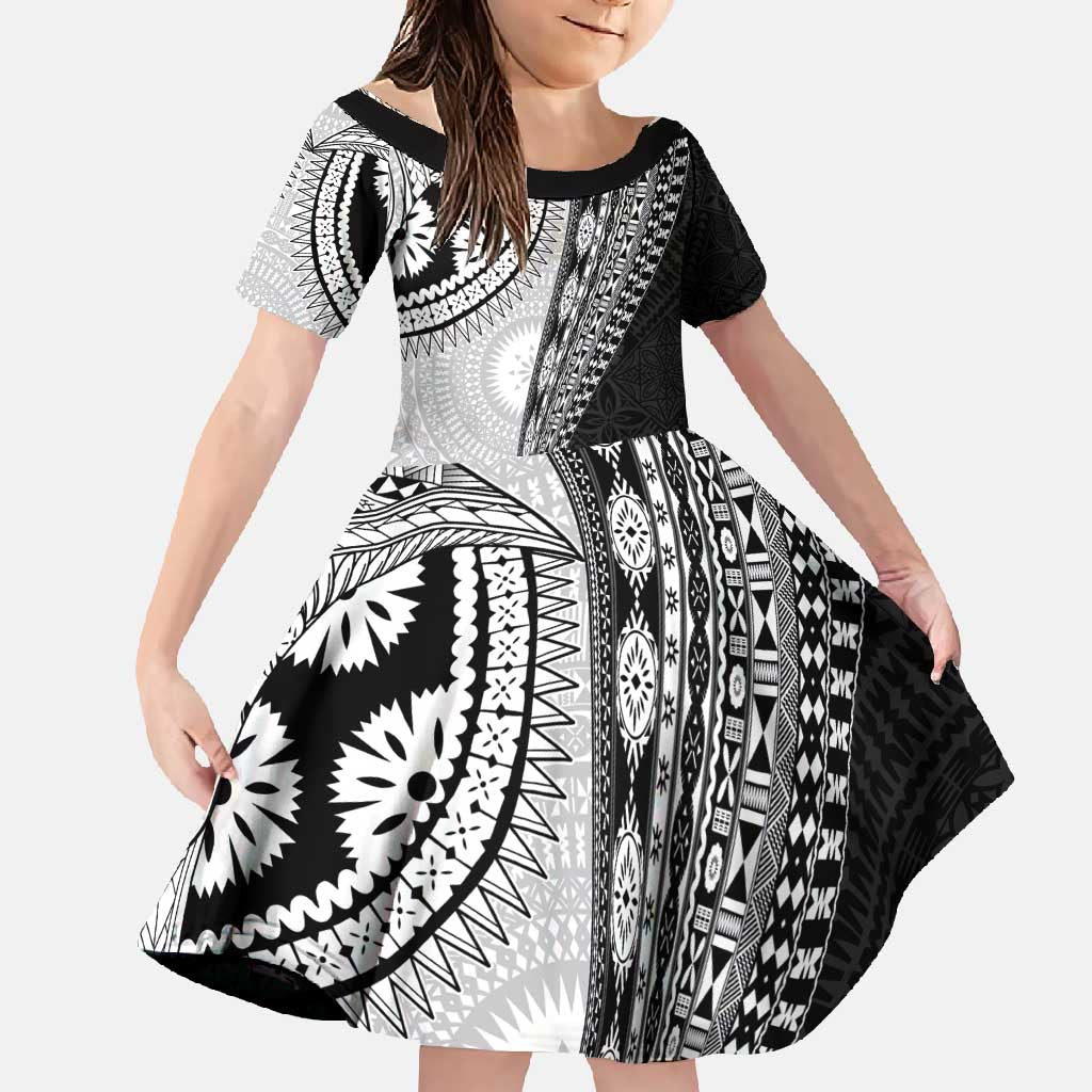 Fijian Masi Tattoos Family Matching Tank Maxi Dress and Hawaiian Shirt with Tapa Tribal Pattern LT03 Daughter's Dress White - Polynesian Pride