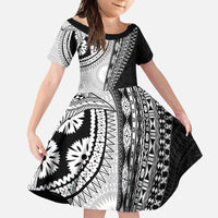 Fijian Masi Tattoos Family Matching Tank Maxi Dress and Hawaiian Shirt with Tapa Tribal Pattern LT03 Daughter's Dress White - Polynesian Pride