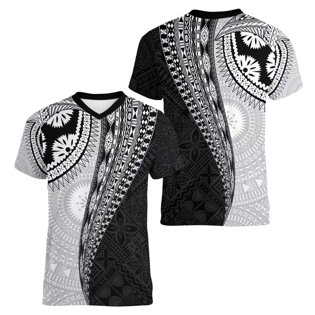 Fijian Masi Tattoos Women V-Neck T-Shirt with Tapa Tribal Pattern - Polynesian Pride