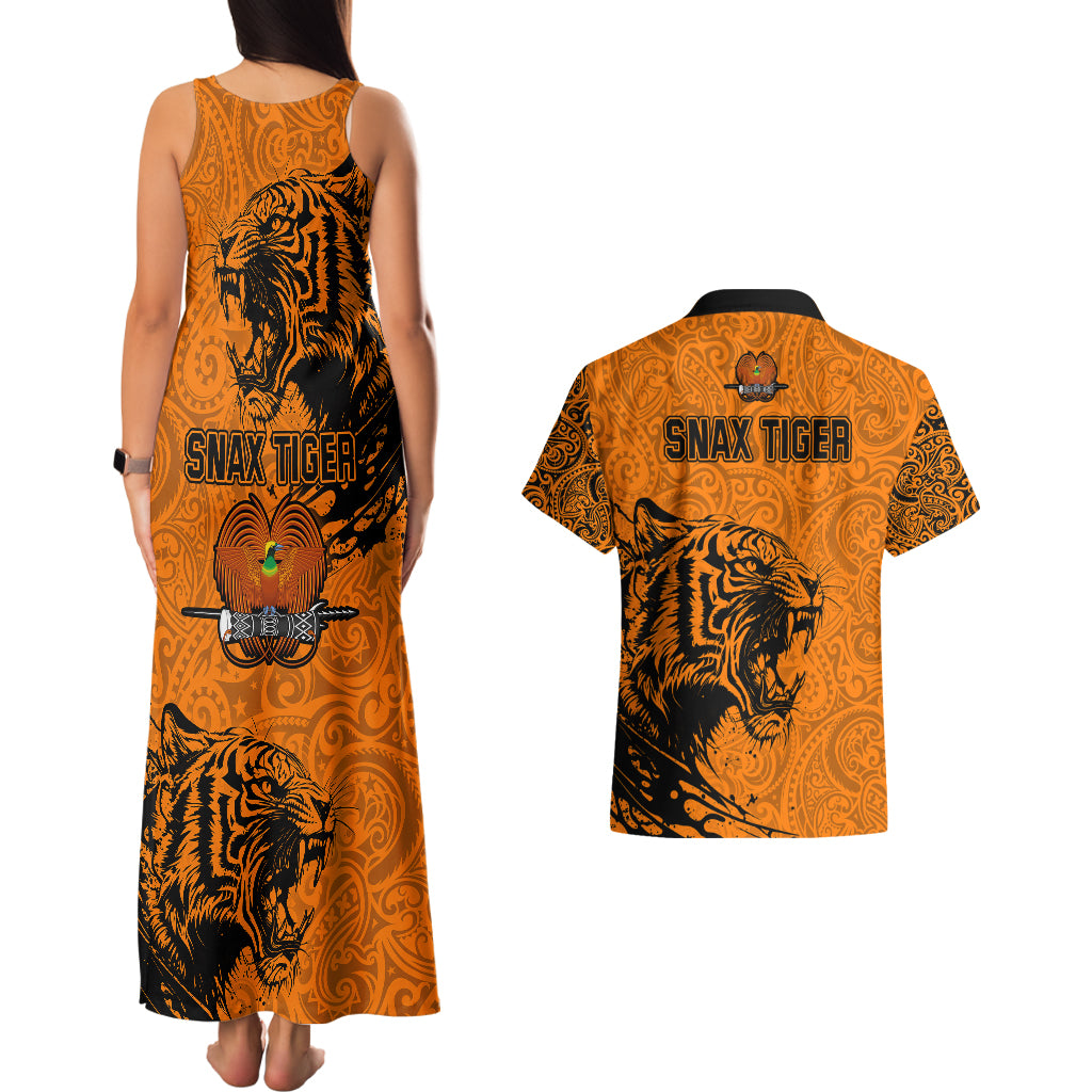 PNG Lae Snax Tigers Rugby Couples Matching Tank Maxi Dress and Hawaiian Shirt The Tigers Head and PNG Bird Polynesian Tattoo LT03 - Polynesian Pride