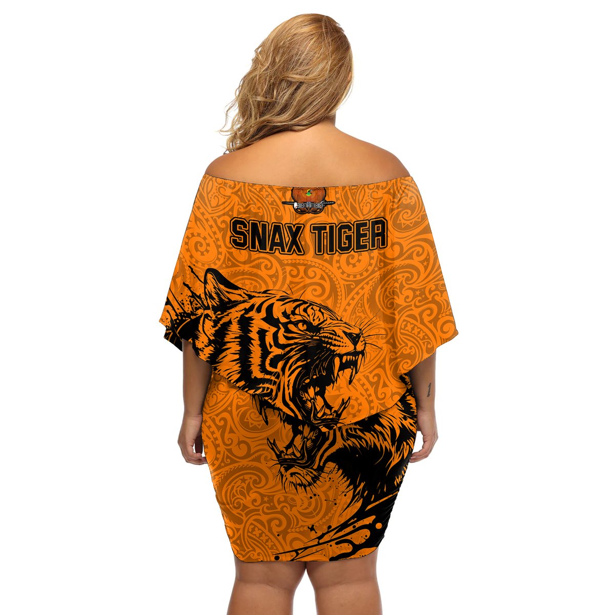 PNG Lae Snax Tigers Rugby Off Shoulder Short Dress The Tigers Head and PNG Bird Polynesian Tattoo LT03 - Polynesian Pride