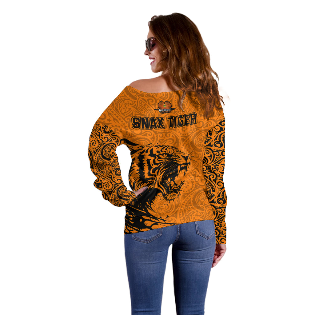 PNG Lae Snax Tigers Rugby Off Shoulder Sweater The Tigers Head and PNG Bird Polynesian Tattoo LT03 - Polynesian Pride