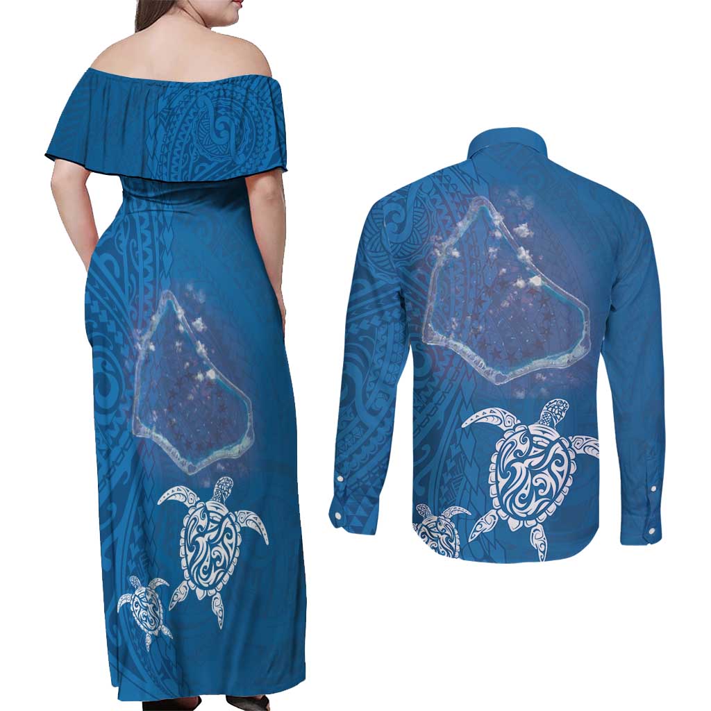 Cook Islands Manihiki Atoll Couples Matching Off Shoulder Maxi Dress and Long Sleeve Button Shirt Maori Turtle and Polynesian Pattern