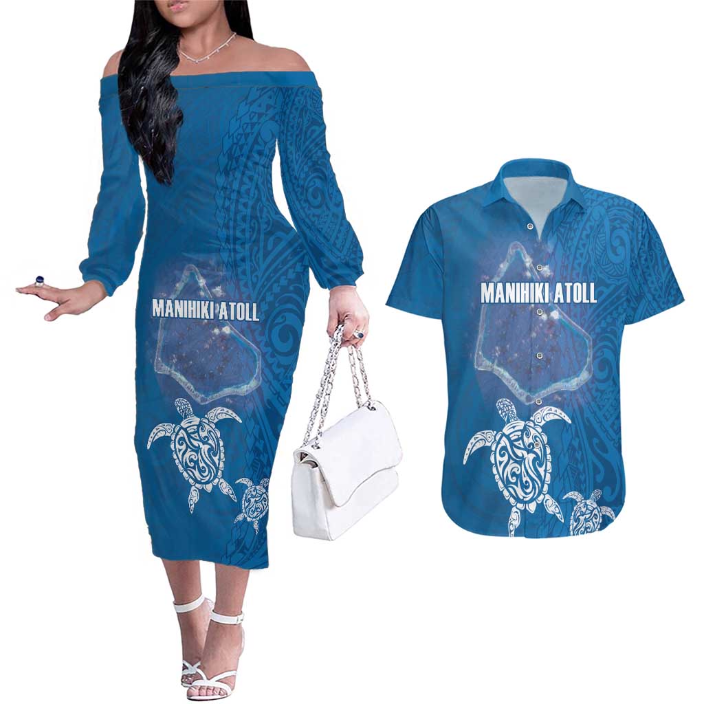 Cook Islands Manihiki Atoll Couples Matching Off The Shoulder Long Sleeve Dress and Hawaiian Shirt Maori Turtle and Polynesian Pattern LT03 Blue - Polynesian Pride