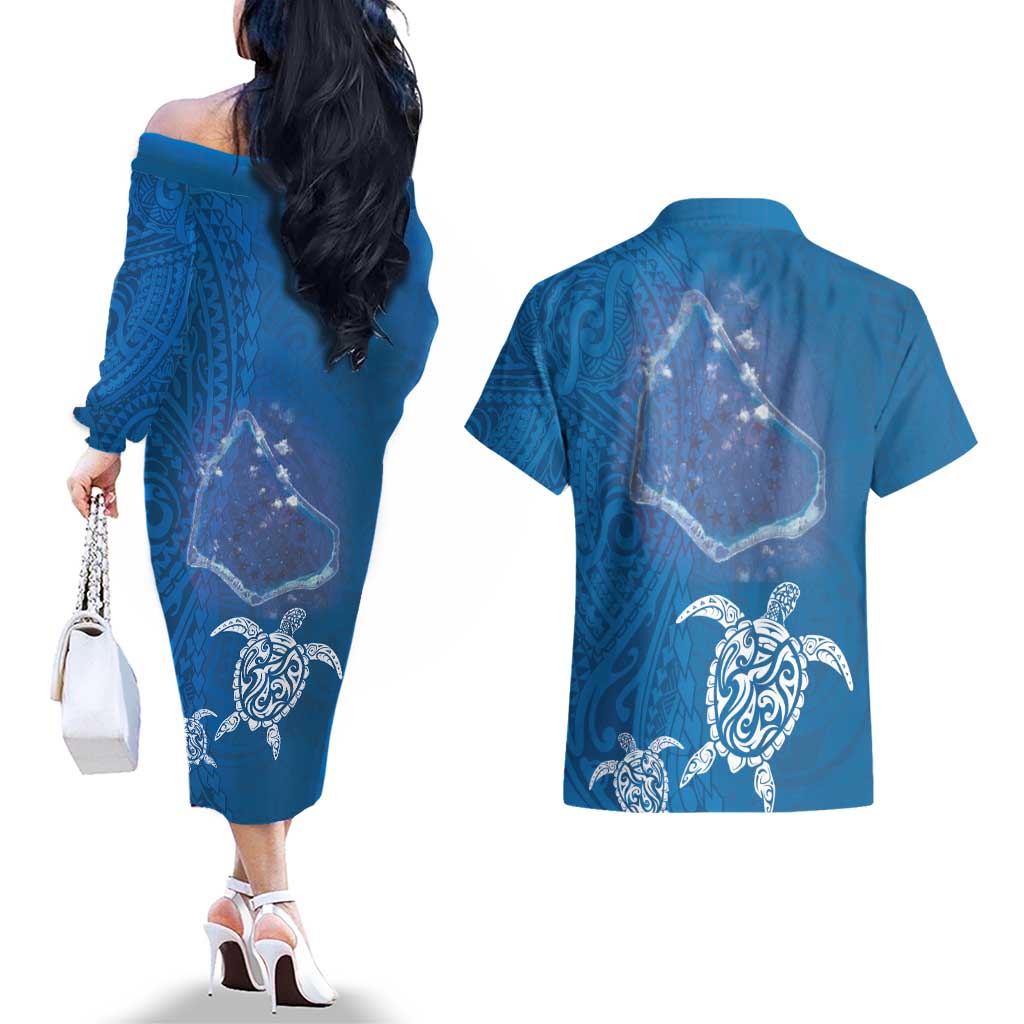 Cook Islands Manihiki Atoll Couples Matching Off The Shoulder Long Sleeve Dress and Hawaiian Shirt Maori Turtle and Polynesian Pattern LT03 - Polynesian Pride