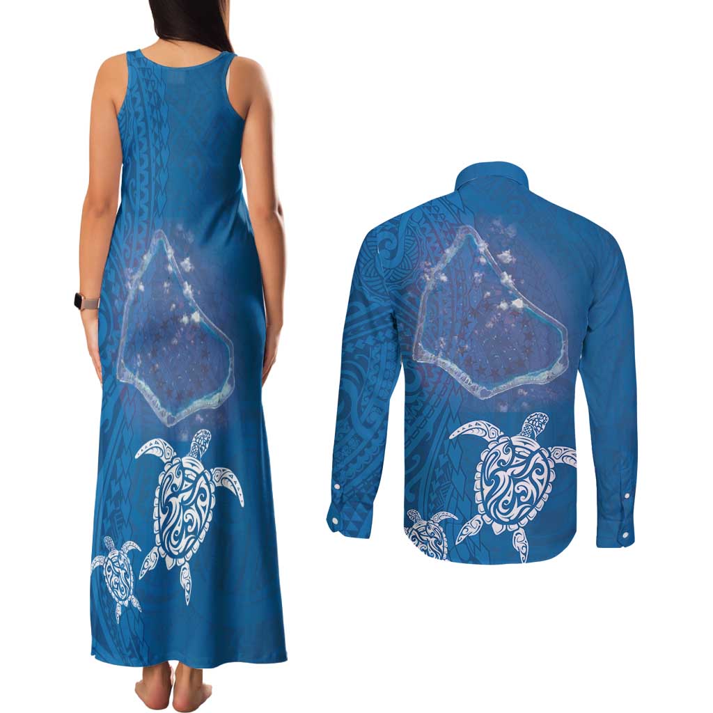 Cook Islands Manihiki Atoll Couples Matching Tank Maxi Dress and Long Sleeve Button Shirt Maori Turtle and Polynesian Pattern