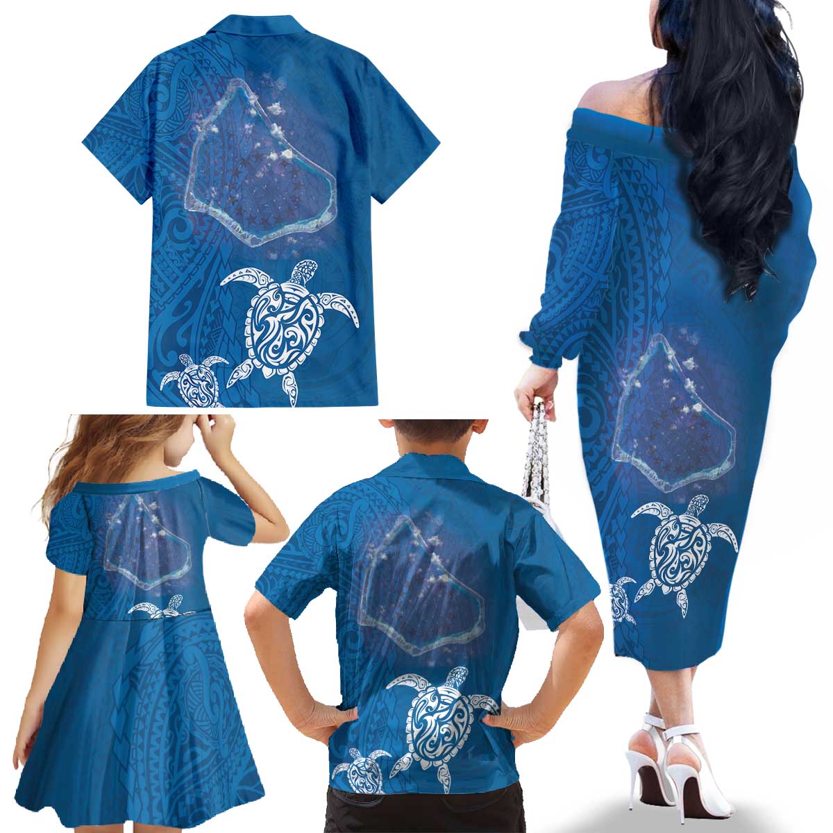 Cook Islands Manihiki Atoll Family Matching Off The Shoulder Long Sleeve Dress and Hawaiian Shirt Maori Turtle and Polynesian Pattern LT03 - Polynesian Pride
