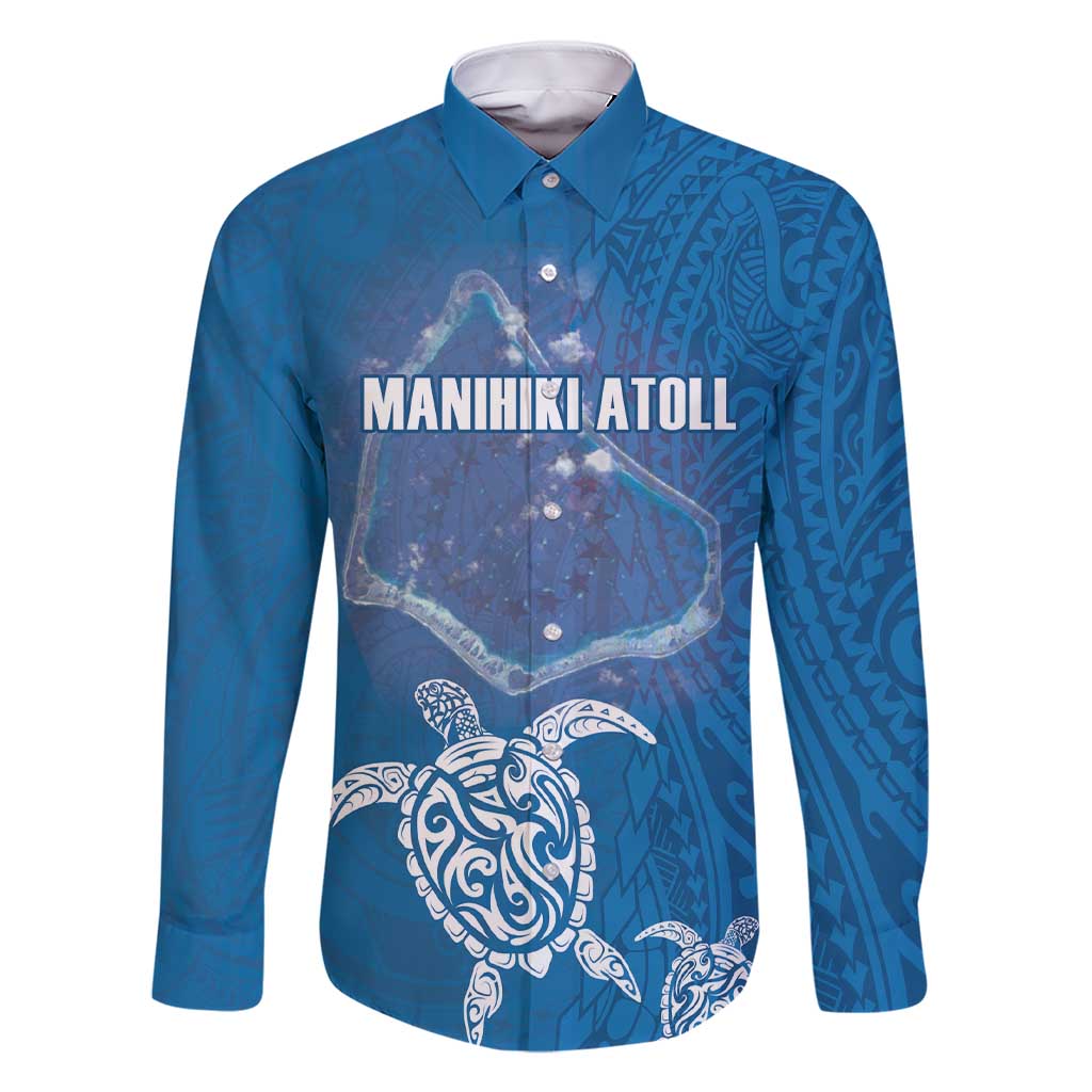 Cook Islands Manihiki Atoll Family Matching Short Sleeve Bodycon Dress and Hawaiian Shirt Maori Turtle and Polynesian Pattern LT03 Dad's Shirt - Long Sleeve Blue - Polynesian Pride