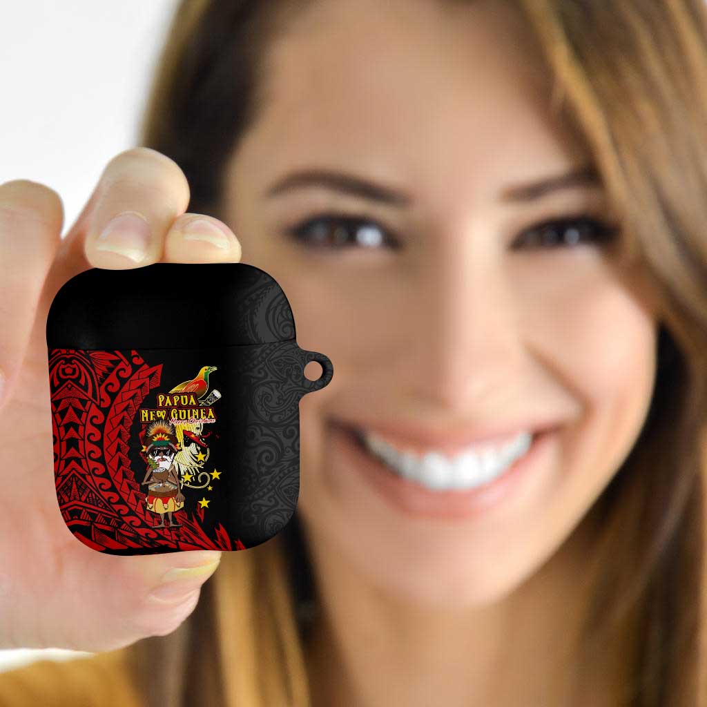 Papua New Guinea Christmas AirPods Case Funny Melanesian Santa with Bird-of-paradise Tribal Style LT03 Black - Polynesian Pride