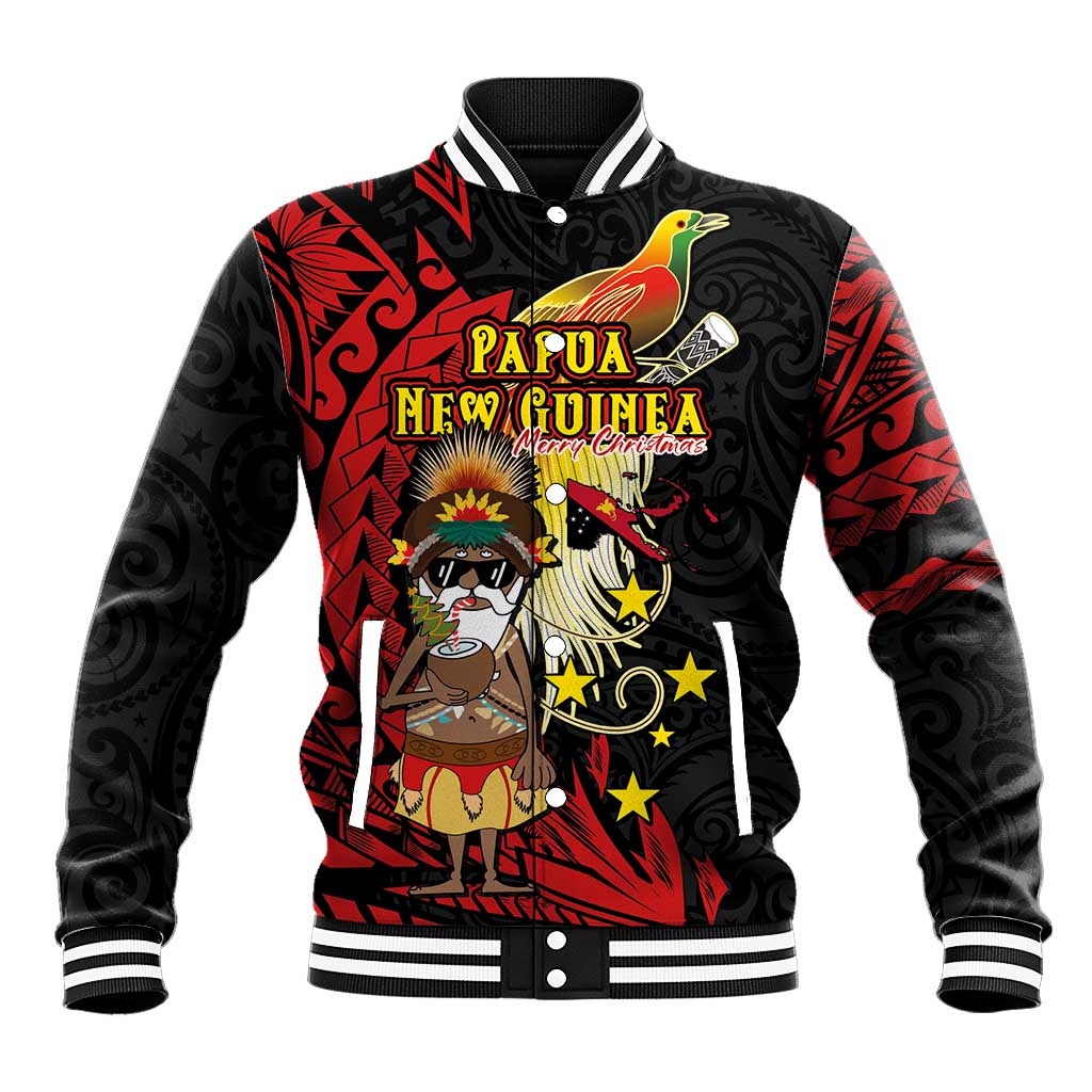 Papua New Guinea Christmas Baseball Jacket Funny Melanesian Santa with Bird-of-paradise Tribal Style LT03 Unisex Black - Polynesian Pride