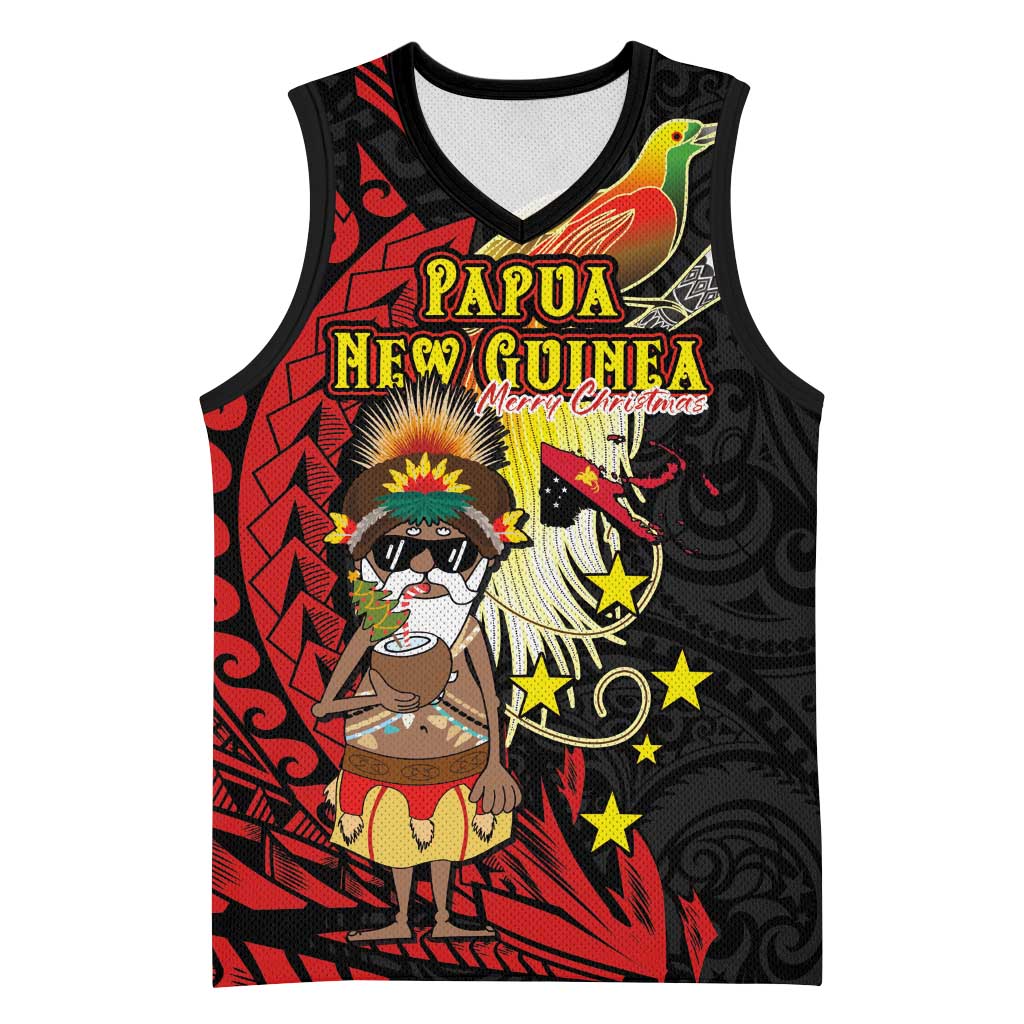 Papua New Guinea Christmas Basketball Jersey Funny Melanesian Santa with Bird-of-paradise Tribal Style LT03 Unisex Black - Polynesian Pride