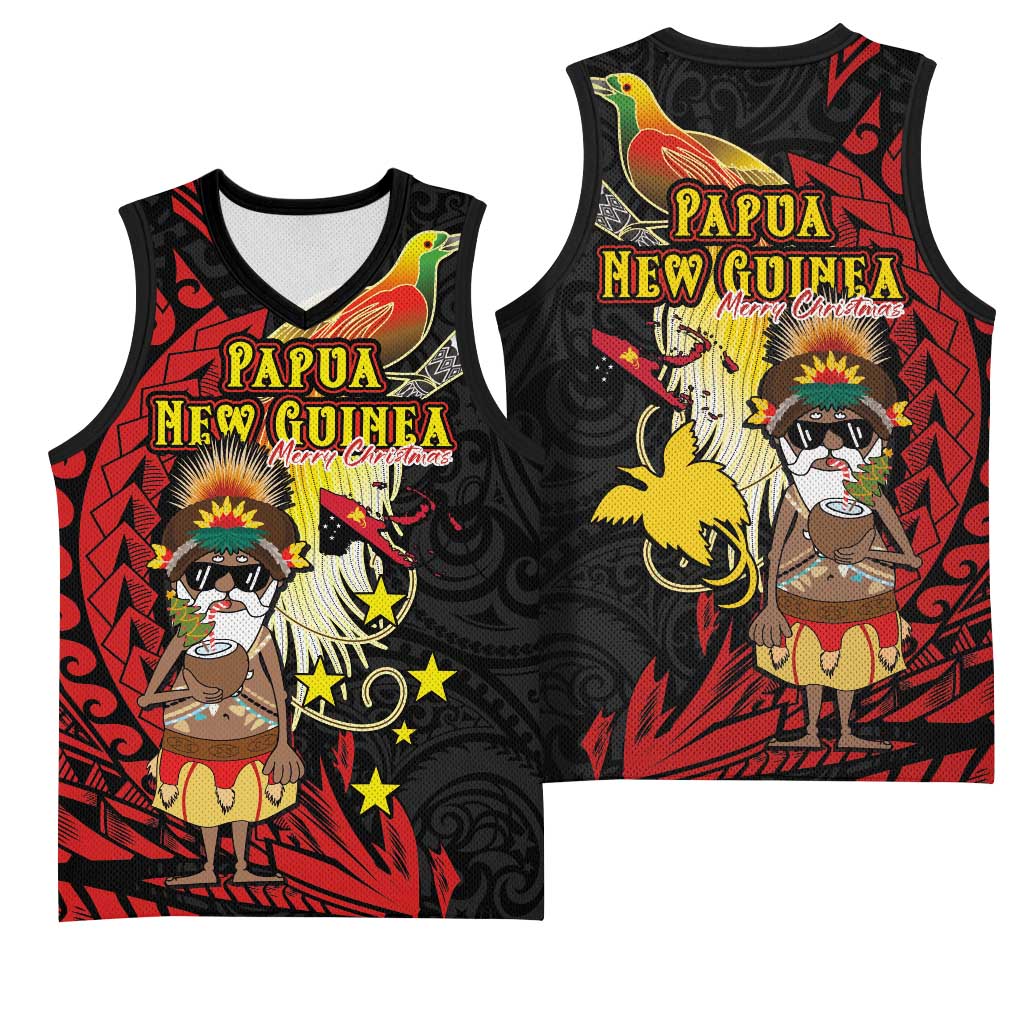 Papua New Guinea Christmas Basketball Jersey Funny Melanesian Santa with Bird-of-paradise Tribal Style LT03 - Polynesian Pride
