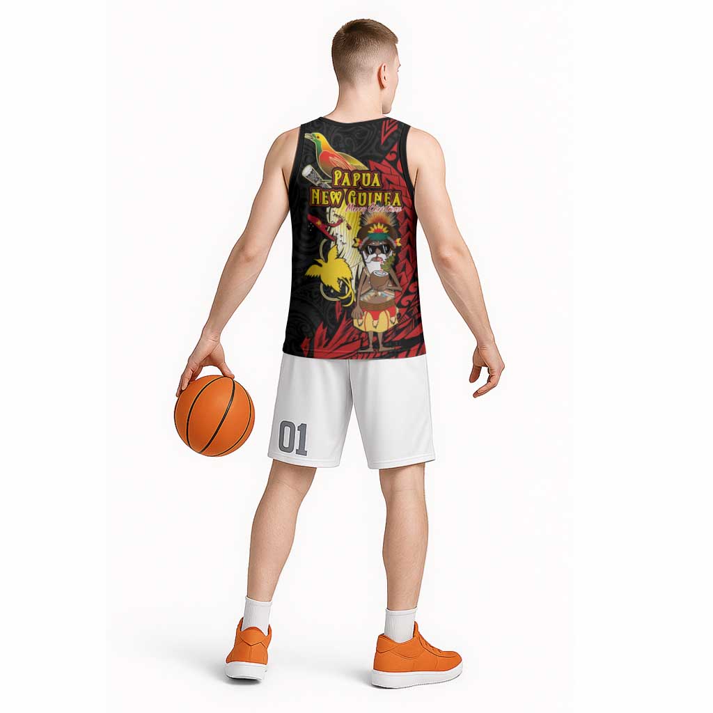 Papua New Guinea Christmas Basketball Jersey Funny Melanesian Santa with Bird-of-paradise Tribal Style LT03 - Polynesian Pride