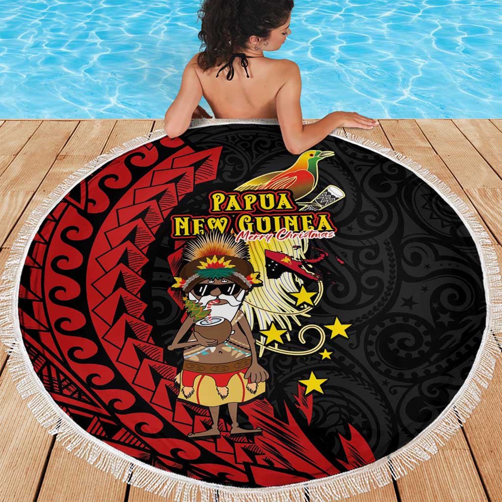 Papua New Guinea Christmas Beach Blanket Funny Melanesian Santa with Bird-of-paradise Tribal Style LT03 - Polynesian Pride