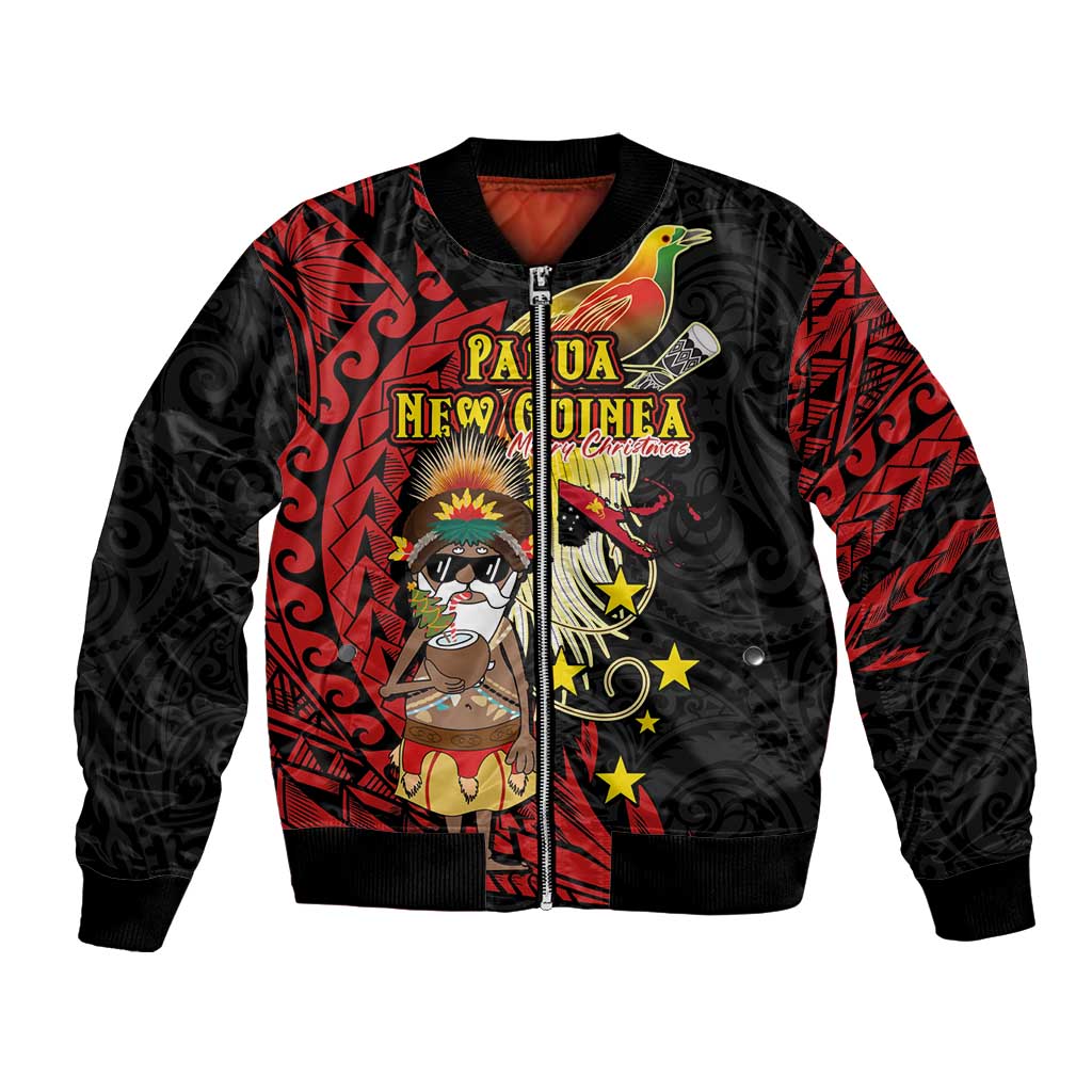 Papua New Guinea Christmas Bomber Jacket Funny Melanesian Santa with Bird-of-paradise Tribal Style LT03 Unisex Black - Polynesian Pride