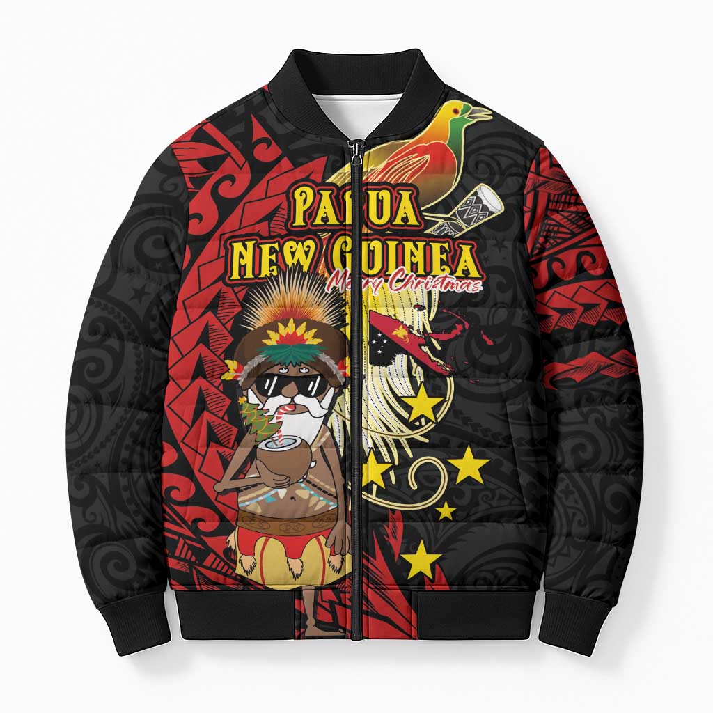Papua New Guinea Christmas Bomber Puffer Jacket Funny Melanesian Santa with Bird-of-paradise Tribal Style LT03 Unisex Black - Polynesian Pride