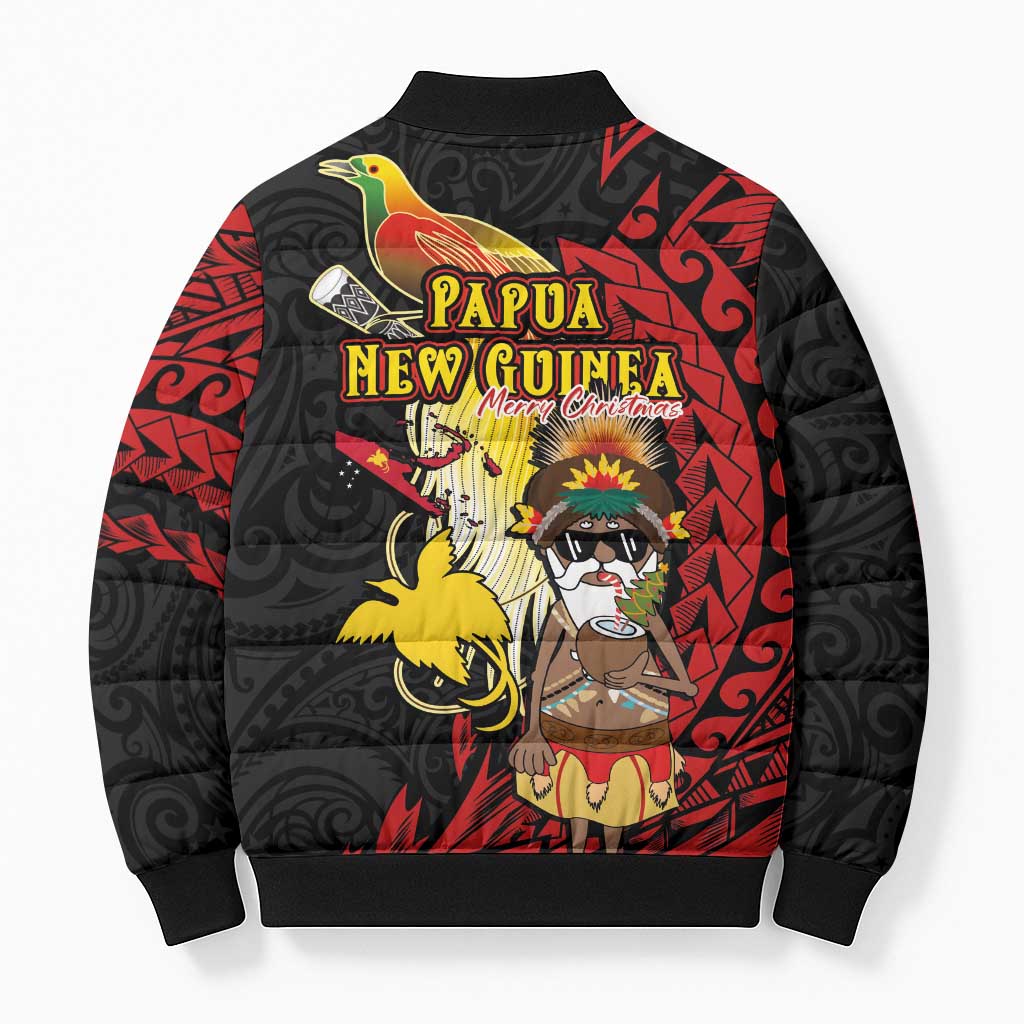 Papua New Guinea Christmas Bomber Puffer Jacket Funny Melanesian Santa with Bird-of-paradise Tribal Style LT03 - Polynesian Pride