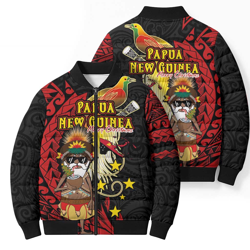 Papua New Guinea Christmas Bomber Puffer Jacket Funny Melanesian Santa with Bird-of-paradise Tribal Style LT03 - Polynesian Pride