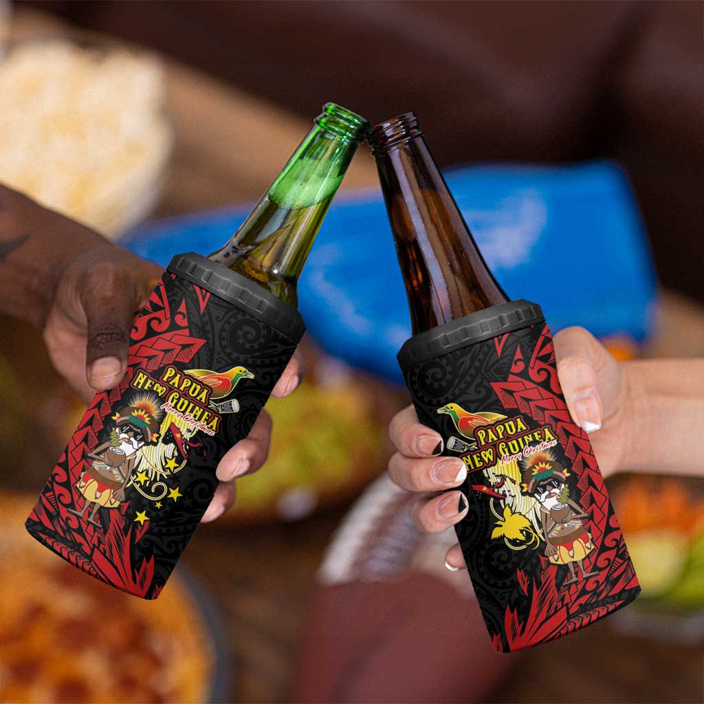 Papua New Guinea Christmas 4 in 1 Can Cooler Tumbler Funny Melanesian Santa with Bird-of-paradise Tribal Style LT03 - Polynesian Pride