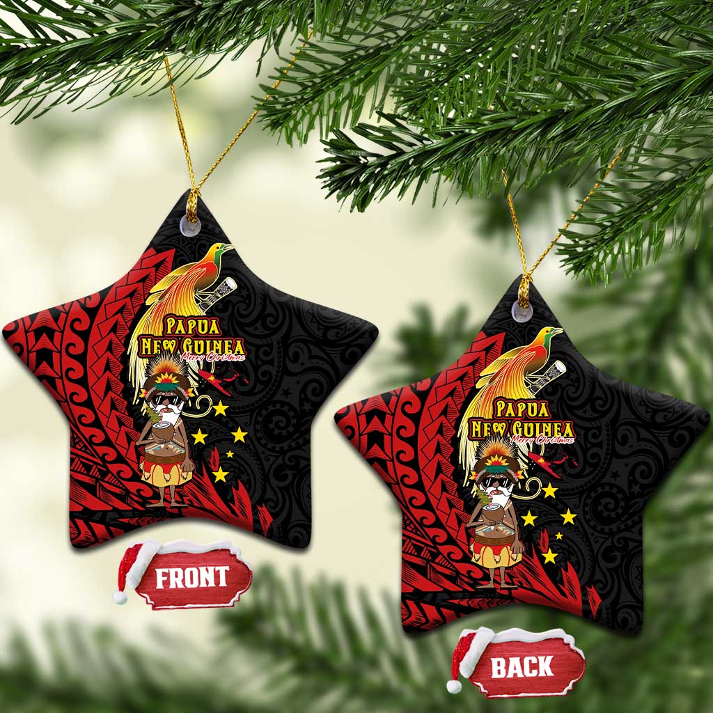 Papua New Guinea Christmas Ceramic Ornament Funny Melanesian Santa with Bird-of-paradise Tribal Style LT03 Star Black - Polynesian Pride