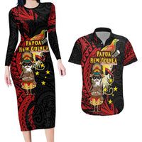 Papua New Guinea Christmas Couples Matching Long Sleeve Bodycon Dress and Hawaiian Shirt Funny Melanesian Santa with Bird-of-paradise Tribal Style LT03 Black - Polynesian Pride