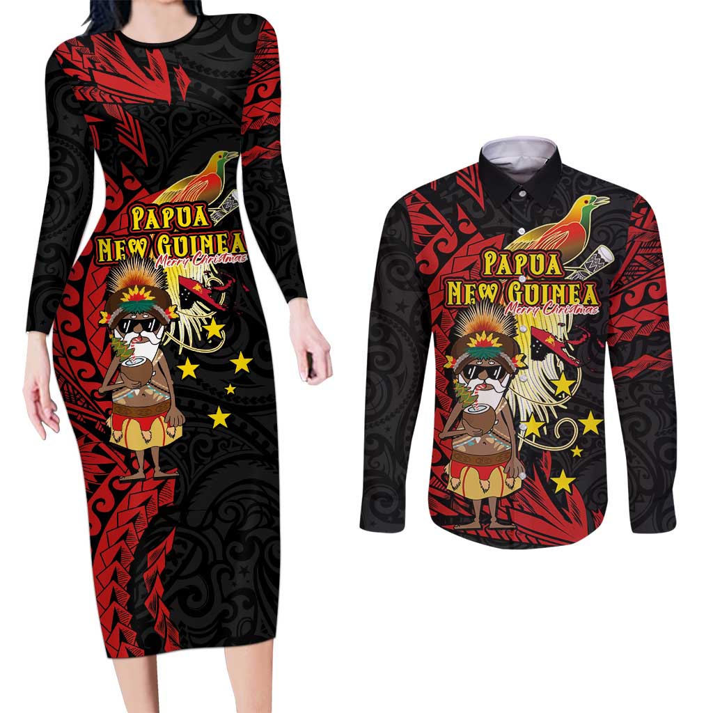 Papua New Guinea Christmas Couples Matching Long Sleeve Bodycon Dress and Long Sleeve Button Shirt Funny Melanesian Santa with Bird-of-paradise Tribal Style LT03 Black - Polynesian Pride
