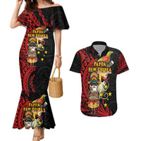 Papua New Guinea Christmas Couples Matching Mermaid Dress and Hawaiian Shirt Funny Melanesian Santa with Bird-of-paradise Tribal Style LT03 Black - Polynesian Pride